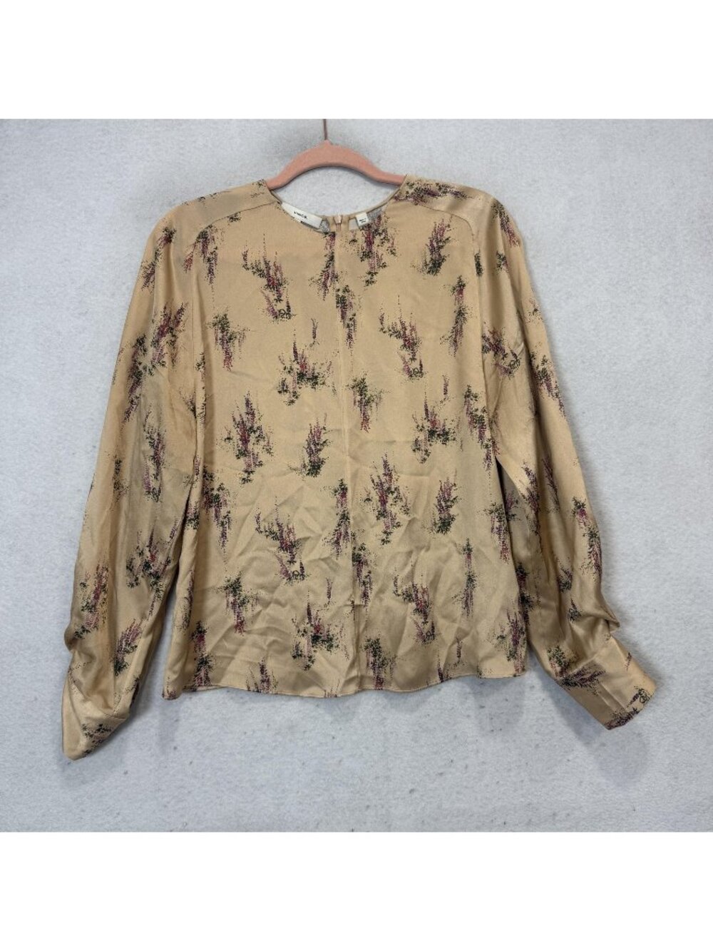 Vince Blouse Womens Medium Beige Floral 100% Silk Long Sleeve Satin Top